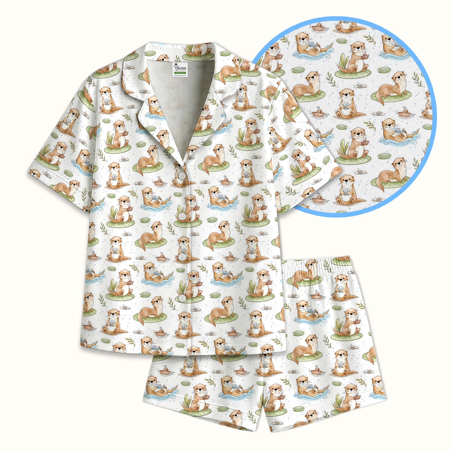 Cute Otter With Lily Pad Pattern Pajama Set, Soft Breathable Fabric Comfortable Sleepwear