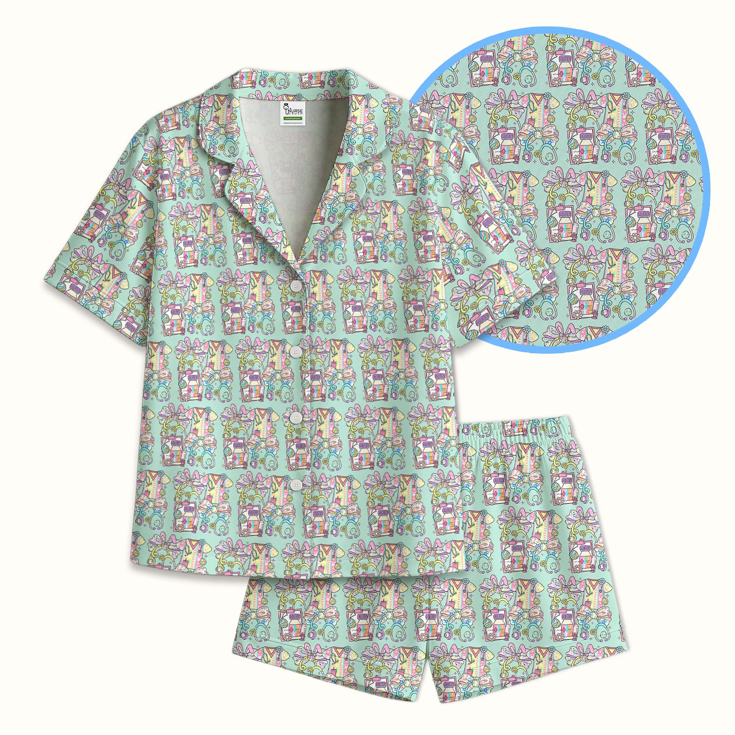 Colorful Nurse Scrub Supplies Pattern Pajama Set, Breathable Fabrics Uniform