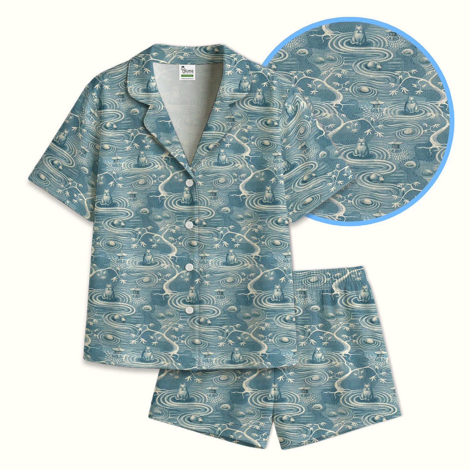 Zen Cat Water Garden Pattern Pajama Set, Breathable Fabrics Uniform