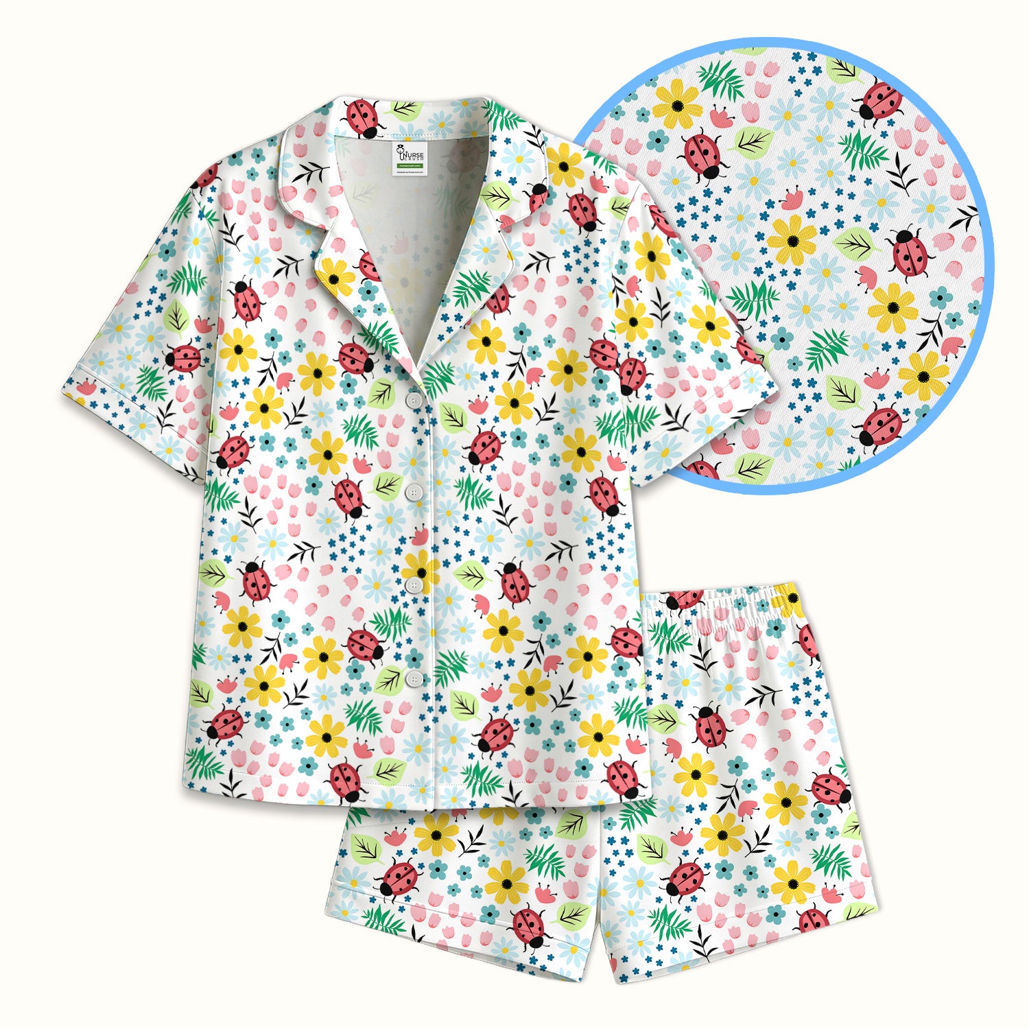 Cute Ladybug Floral Garden Print Pajama Set, Soft Breathable Fabric Comfortable Sleepwear