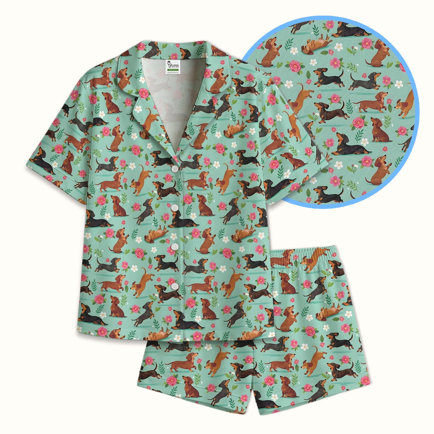 Cute Floral Dachshund Puppy Pattern Pajama Set, Soft Breathable Fabric Comfortable Sleepwear
