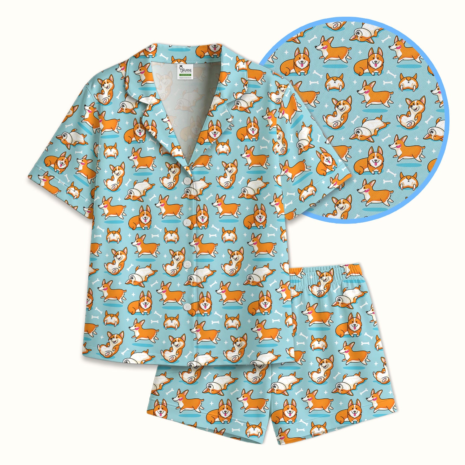Corgi Dog Playing Rolling Bone Pattern Pajama Set, Breathable Fabrics Uniform