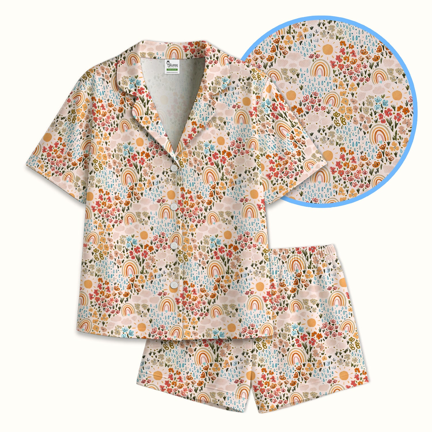 Cute Wildflower Meadow With Rainbow Sun And Raindrops Pajama Set, Soft Breathable Fabric Comfortable Sleepwear