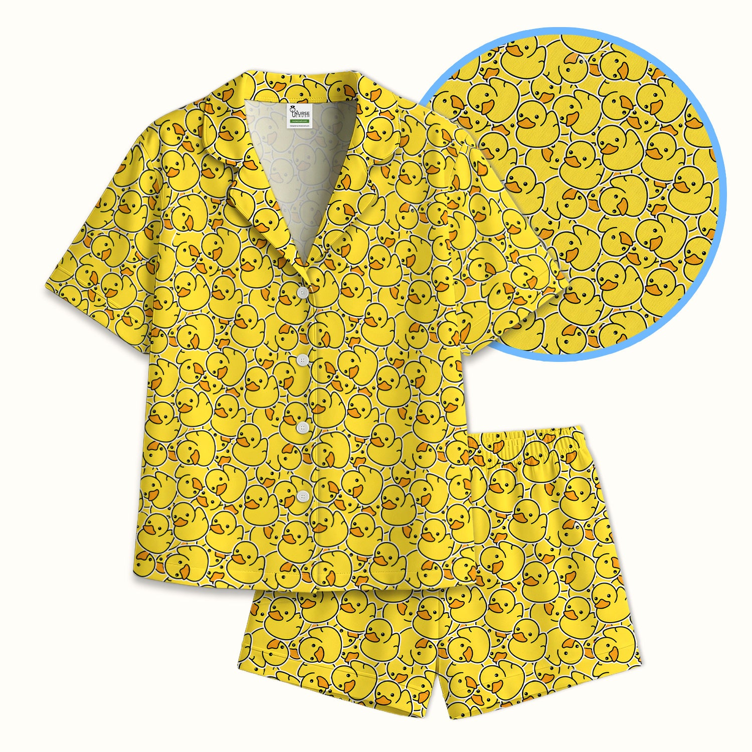 Yellow Rubber Duck Pattern Pajama Set, Soft Breathable Fabric Comfortable Sleepwear