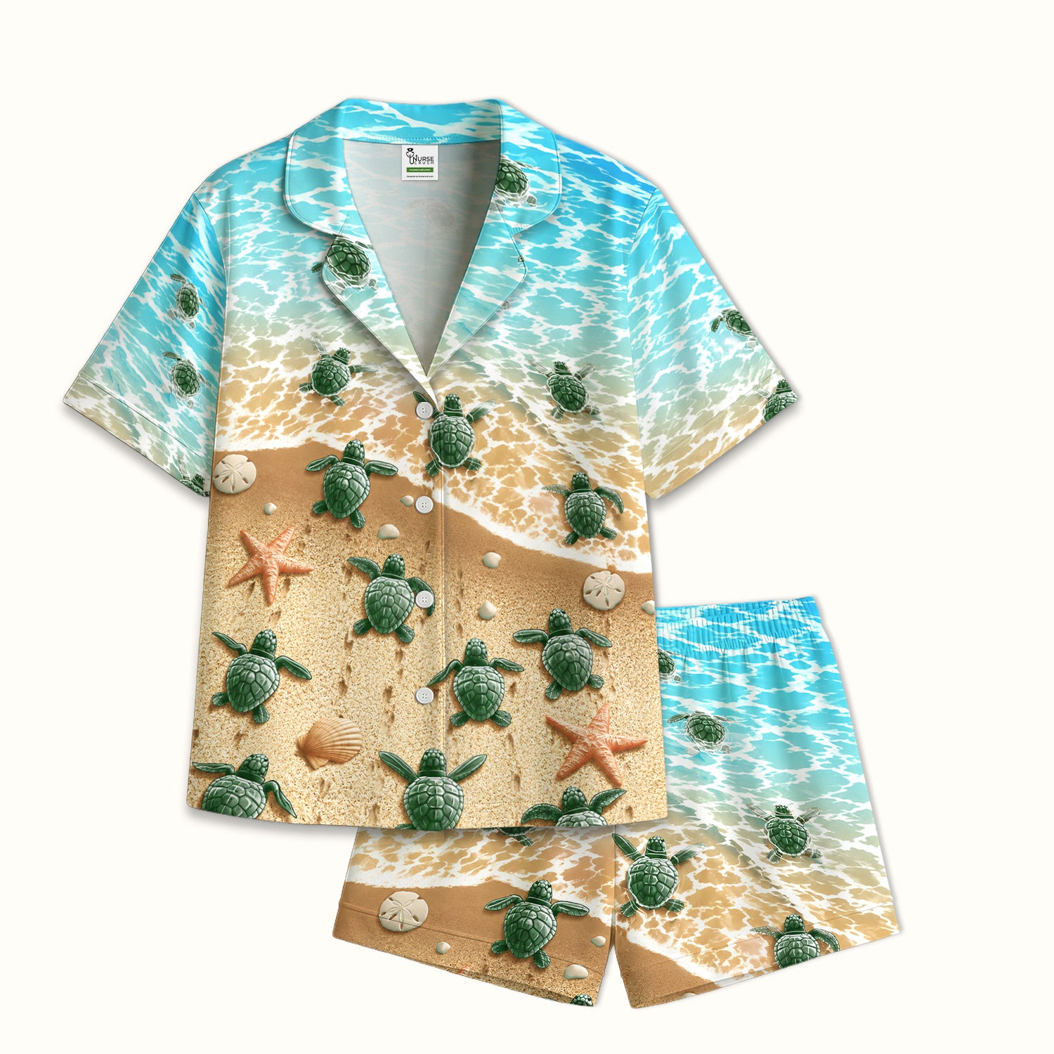 Coastal Sea Turtle Beach Pattern Pajama Set, Soft Breathable Fabric Comfortable Sleepwear