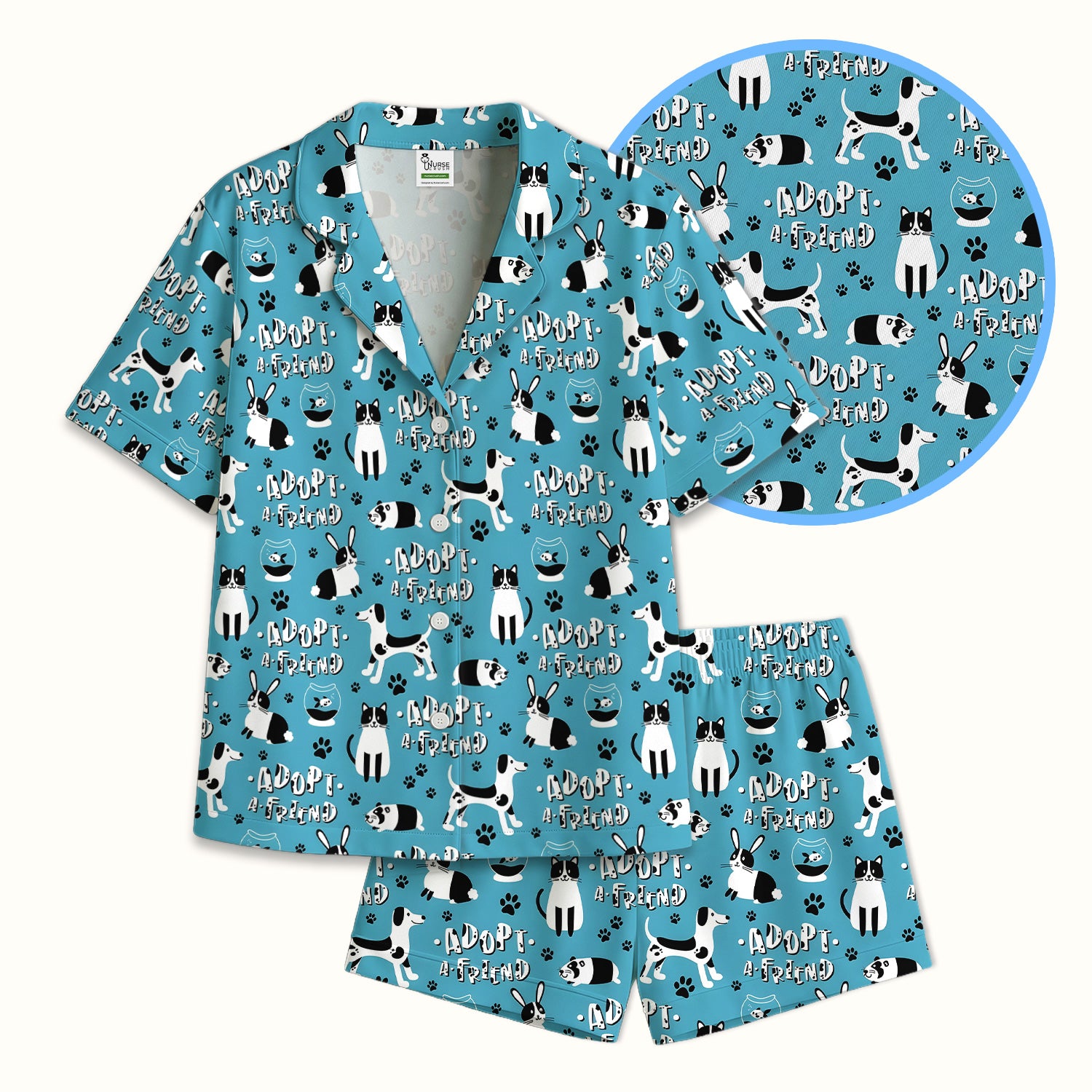 Cute Adopt A Friend Pet Pattern Pajama Set, Soft Breathable Fabric Comfortable Sleepwear