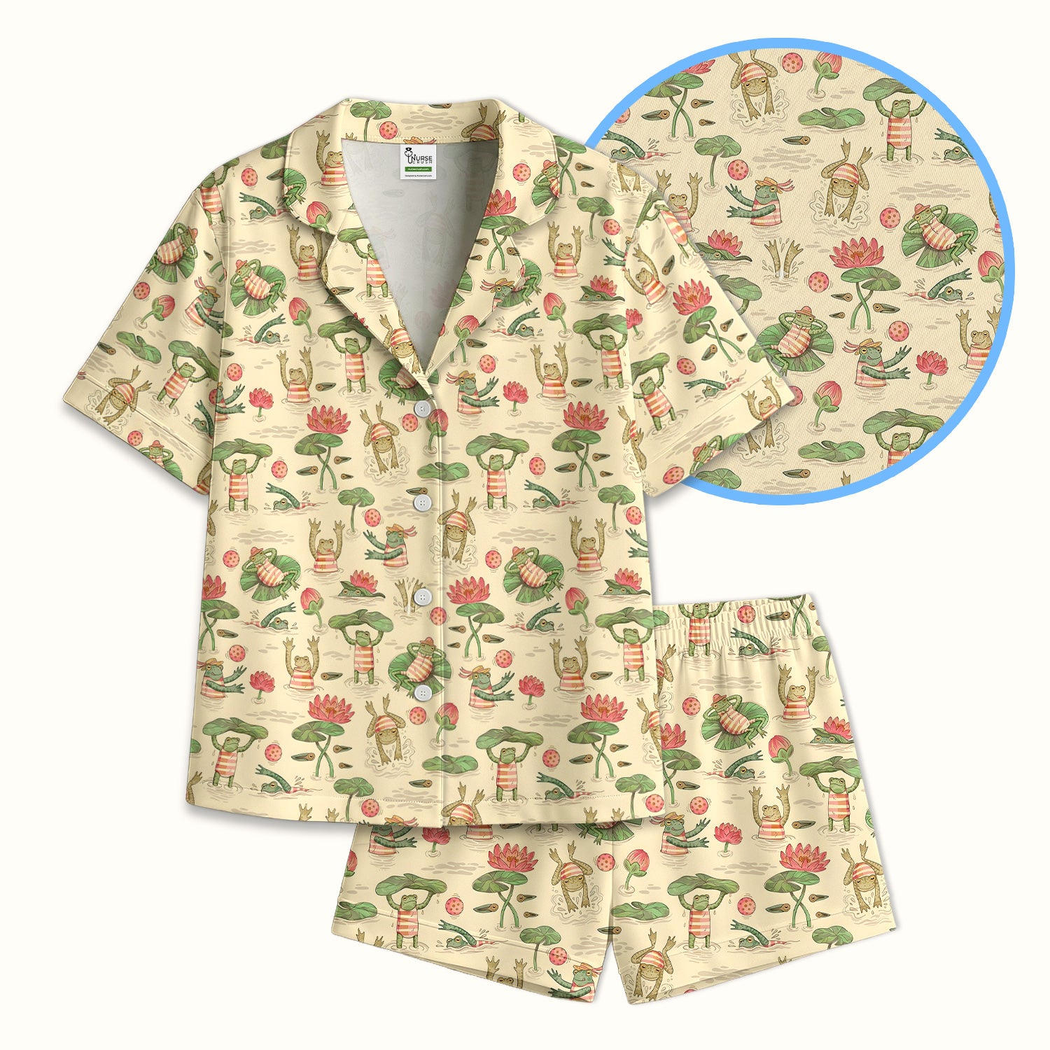 Cute Frogs Swimming Lily Pond Pattern Pajama Set, Soft Breathable Fabric Comfortable Sleepwear