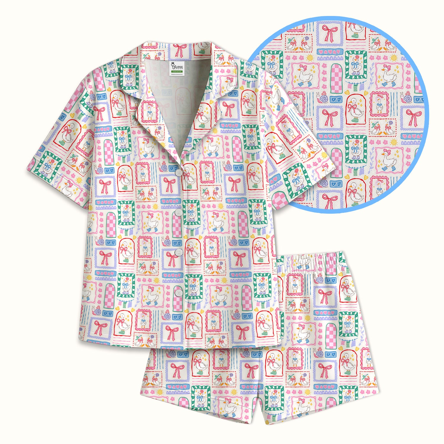 Adorable Nurse Goose Ribbon Patchwork Frame Pattern Pajama Set, Soft Breathable Fabric Comfortable Sleepwear