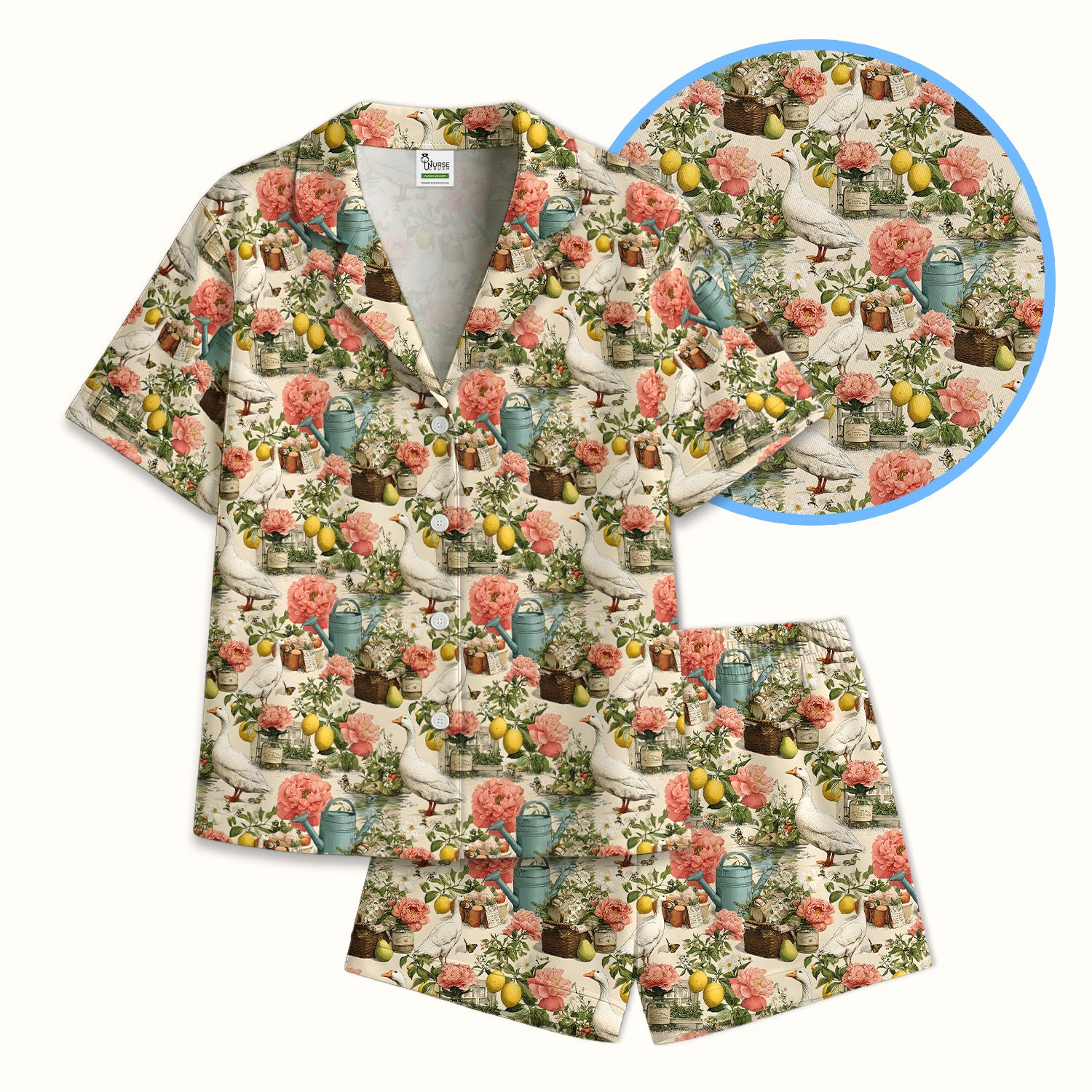 Vintage Goose Garden Floral Pattern Pajama Set, Breathable Fabrics Uniform