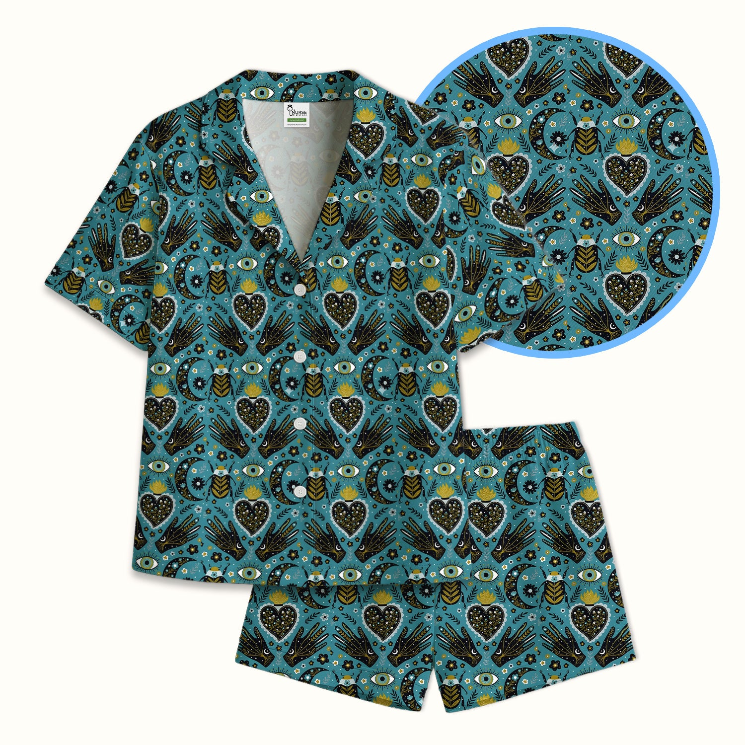 Mystic Celestial Heart & Evil Eye Pattern Pajama Set, Breathable Fabrics Uniform
