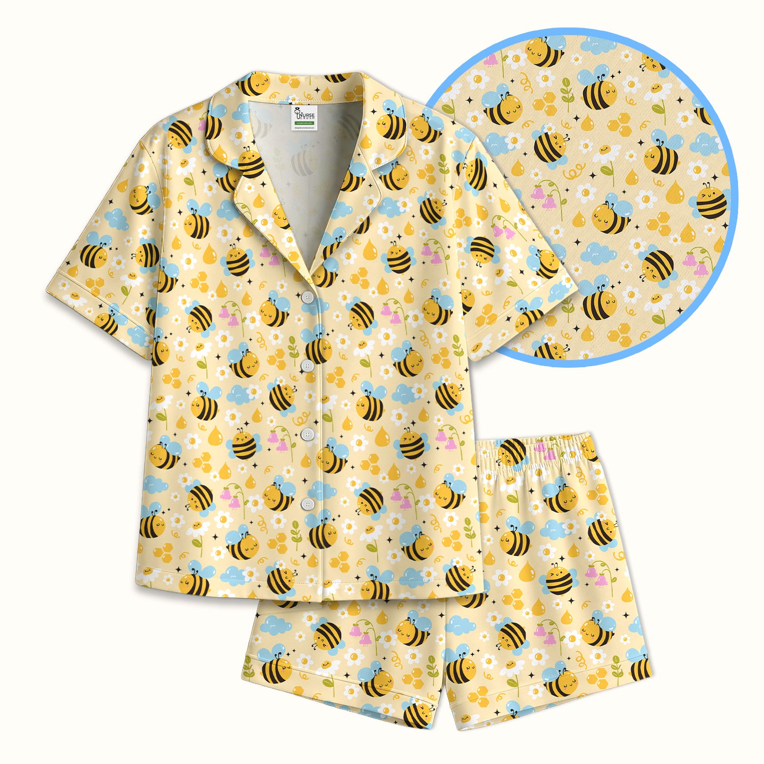 Honey Bee Flower Cloud Pattern Pajama Set, Breathable Fabrics Uniform