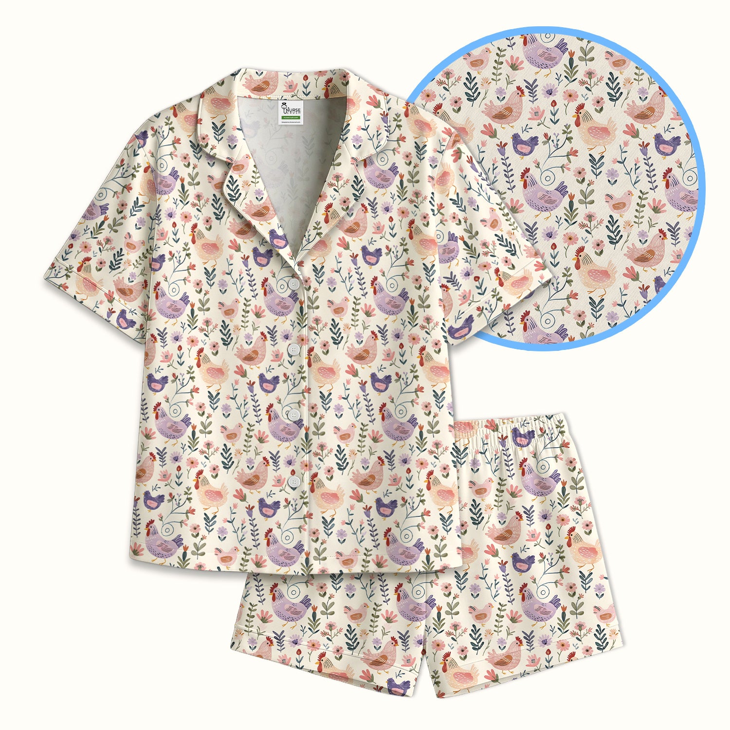 Cute Farm Chicken Floral Garden Pattern Pajama Set, Soft Breathable Fabric Comfortable Sleepwear