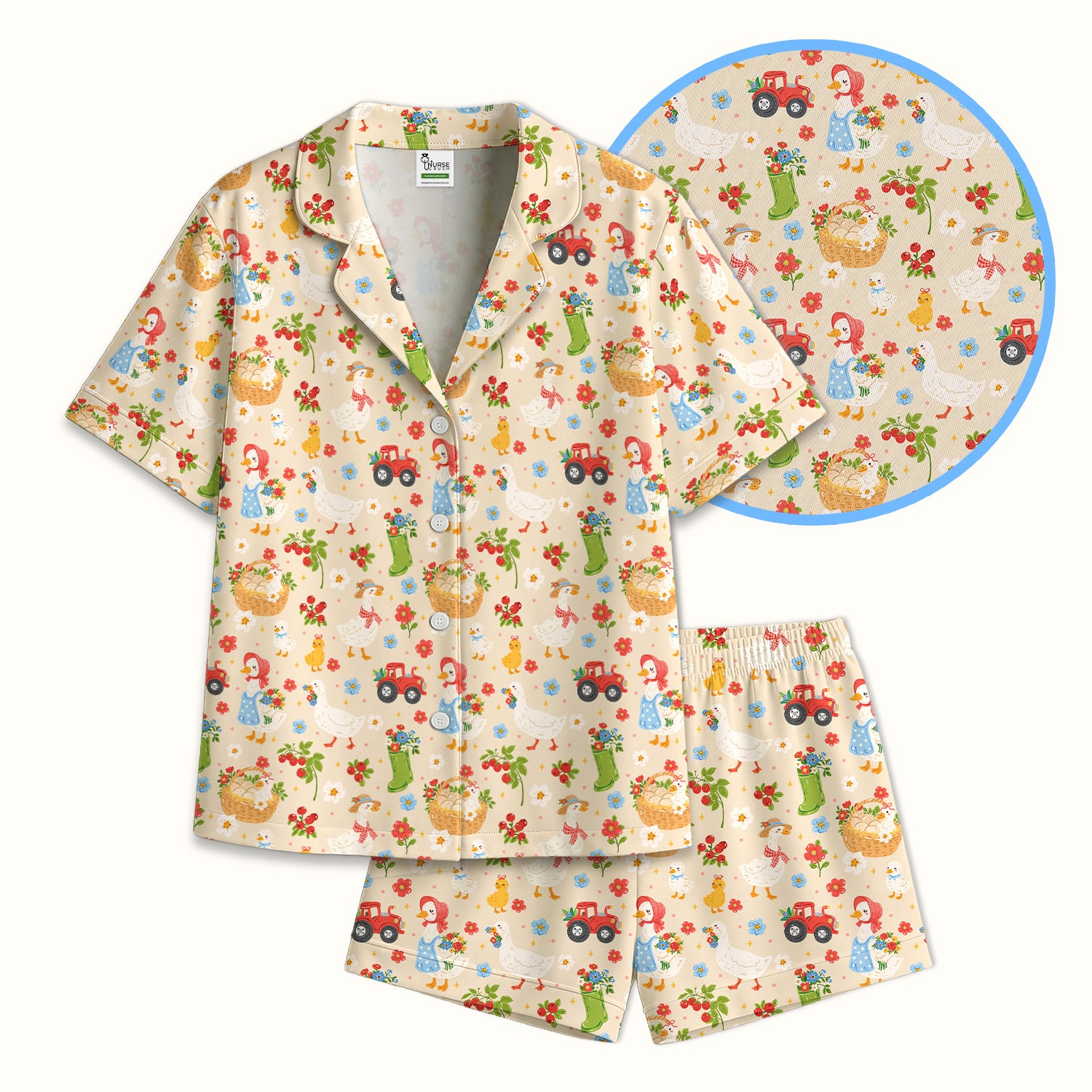 Farm Duck Chicken Tractor Flower Basket Pajama Set, Breathable Fabrics Uniform
