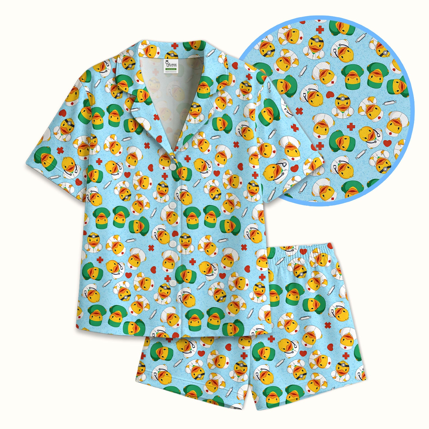 Duck Doctor Cartoon Pattern Pajama Set, Breathable Fabrics Uniform