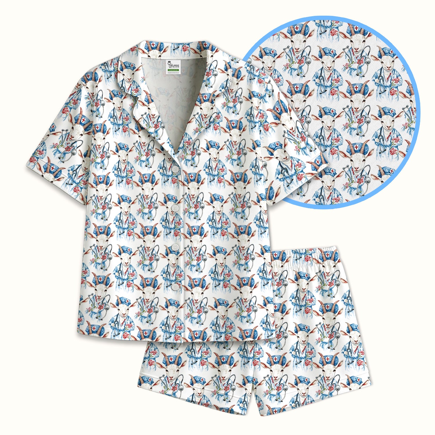 Cute Goat Animal Lover Pattern Pajama Set, Soft Breathable Fabric Comfortable Sleepwear