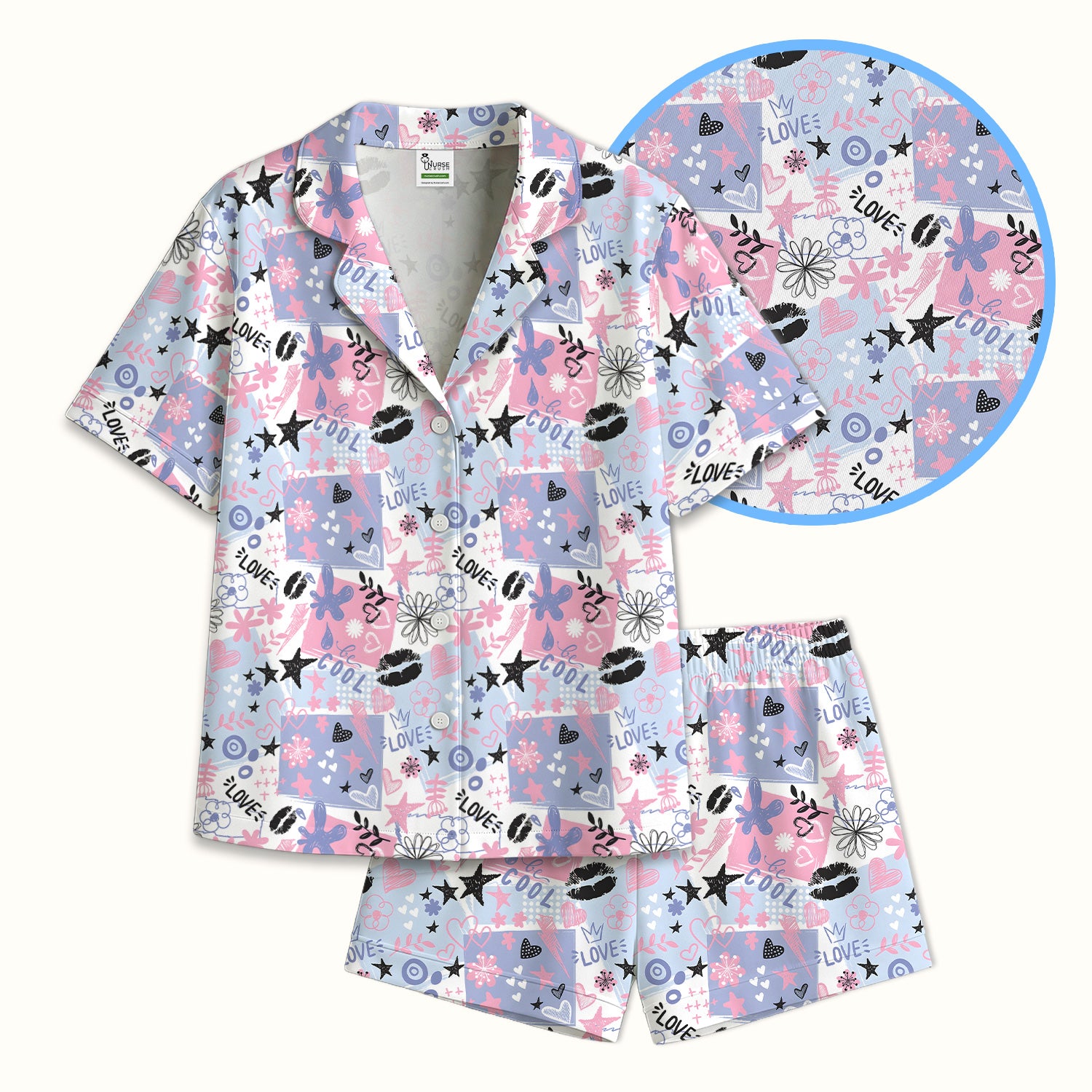Cute Love Hearts Doodle Print Pajama Set, Soft Breathable Fabric Comfortable Sleepwear