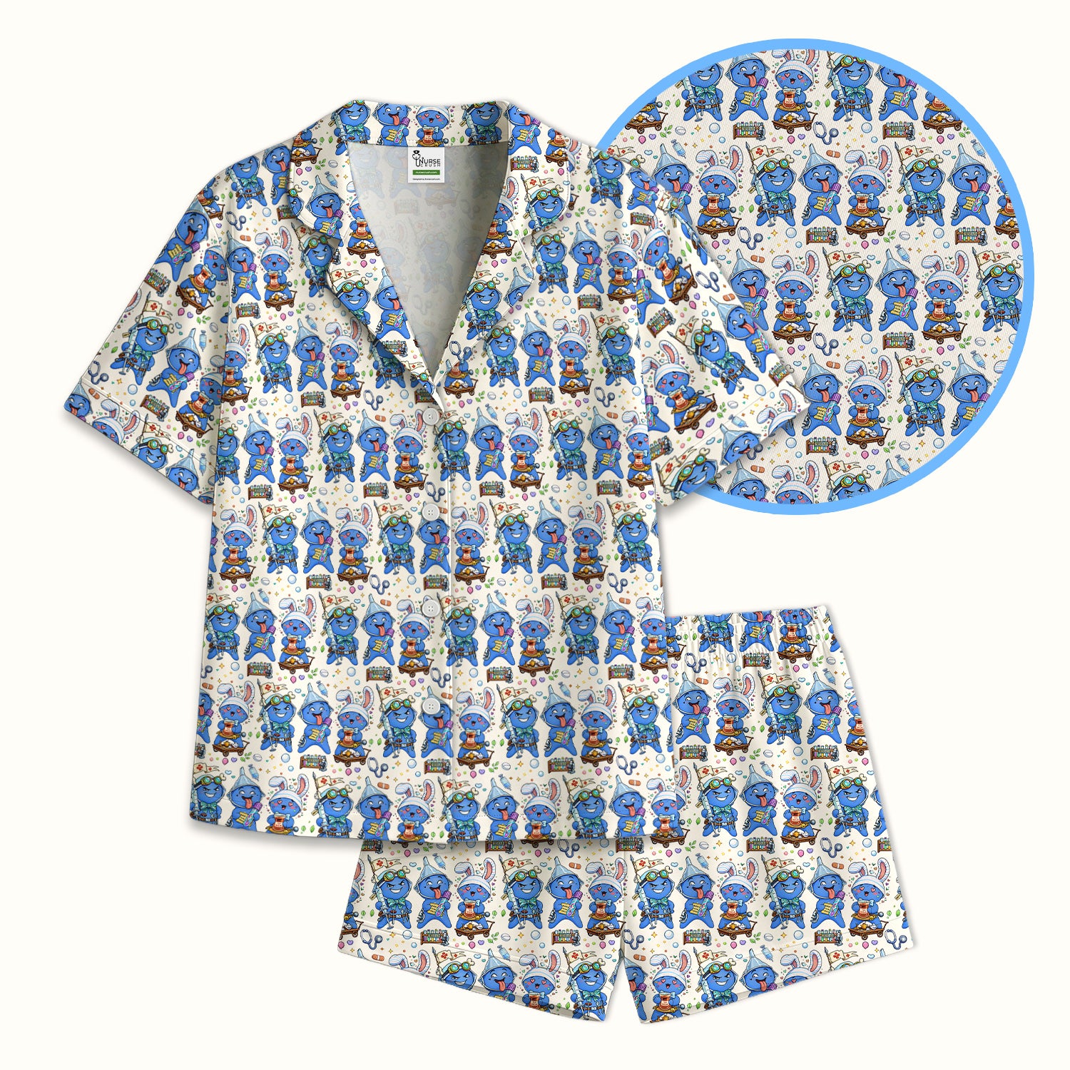 Cute Glove Doll Hospital Medical Cartoon Nurse Pattern Pajama Set, Breathable Fabrics Uniform