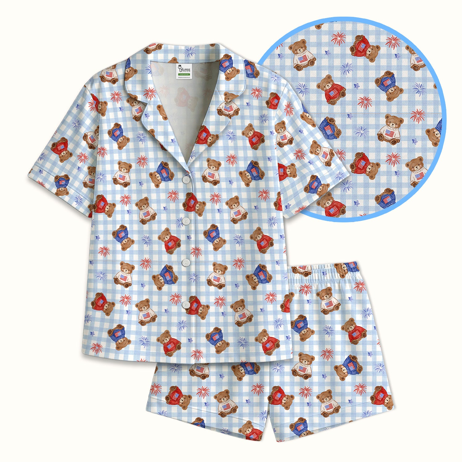Cute Patriotic Teddy Bear Firework Gingham Pattern Pajama Set, Soft Breathable Fabric Comfortable Sleepwear