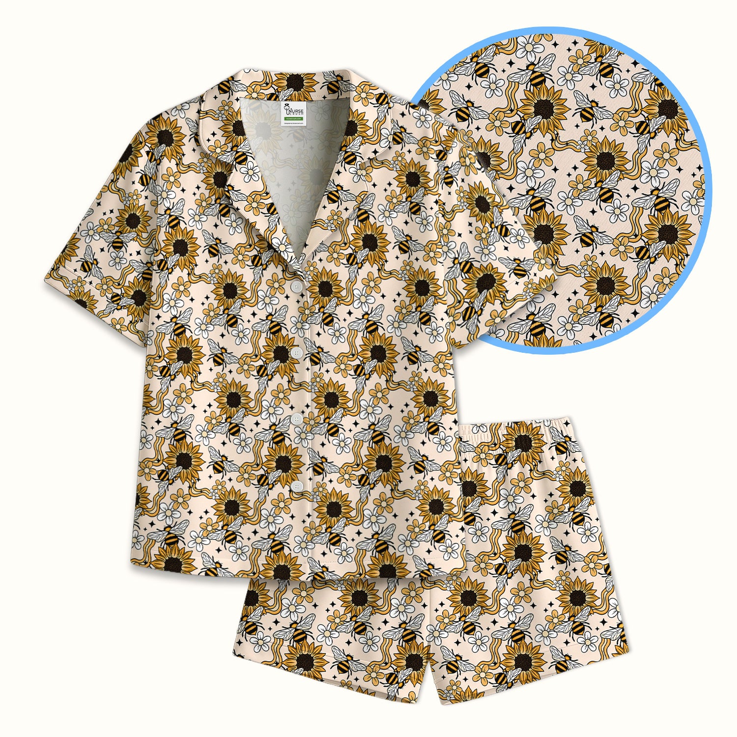 Sunflower And Honey Bee Floral Pajama Set, Breathable Fabrics Uniform