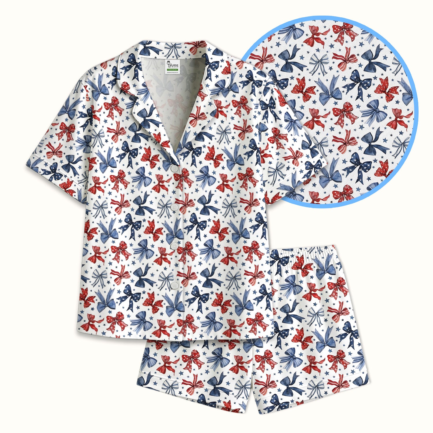 Patriotic Red Blue Ribbon Pattern Pajama Set, Soft Breathable Fabric Comfortable Sleepwear