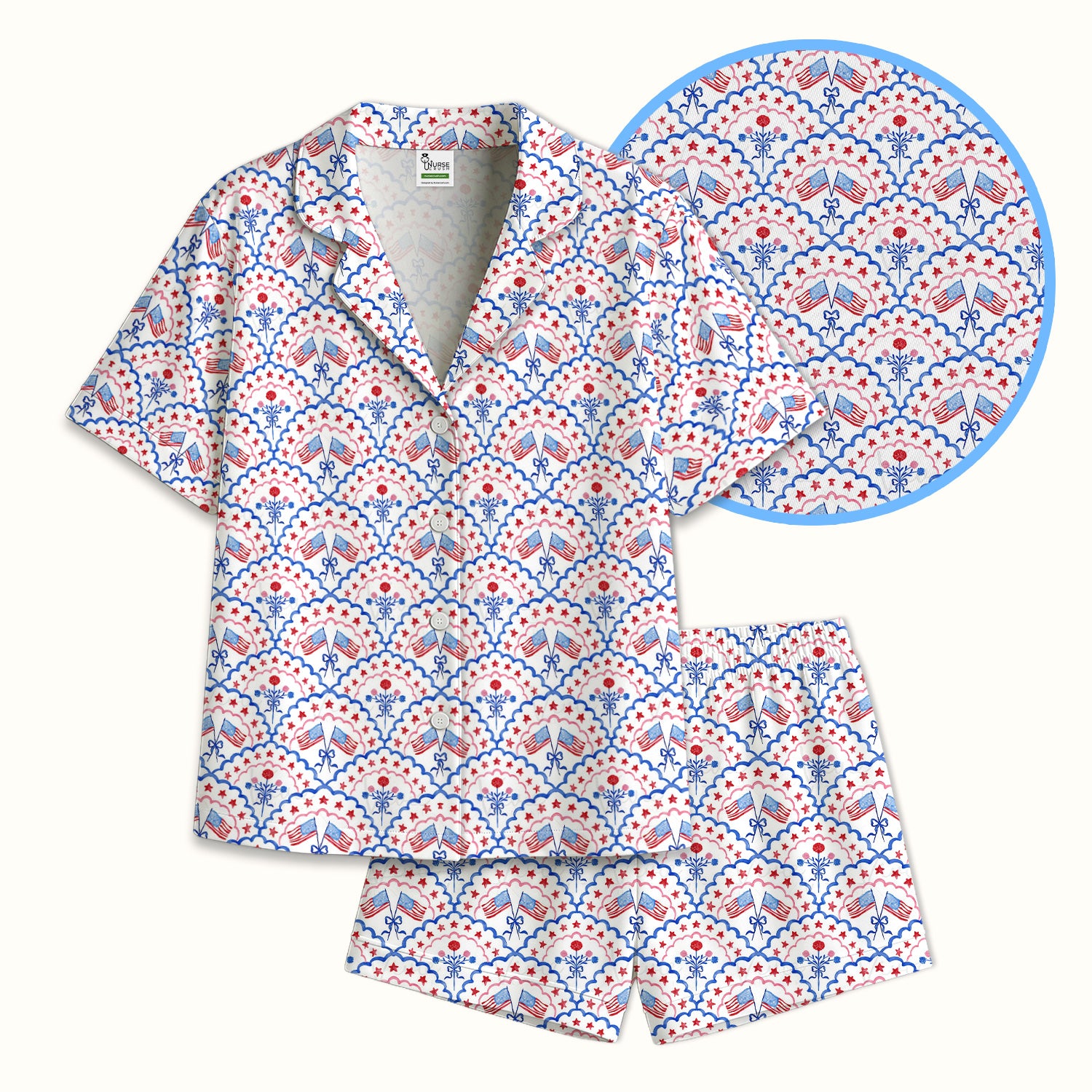 Patriotic Scallop Star Flag Floral Pattern Pajama Set, Soft Breathable Fabric Comfortable Sleepwear