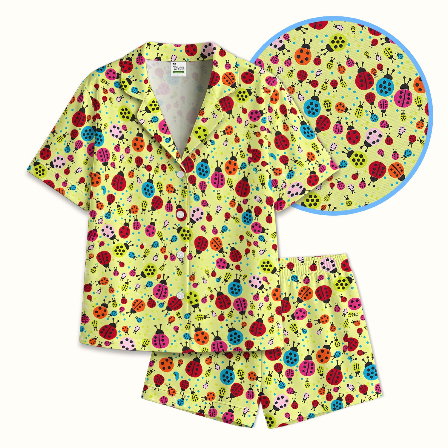 Colorful Ladybug Garden Pattern Pajama Set, Soft Breathable Fabric Comfortable Sleepwear