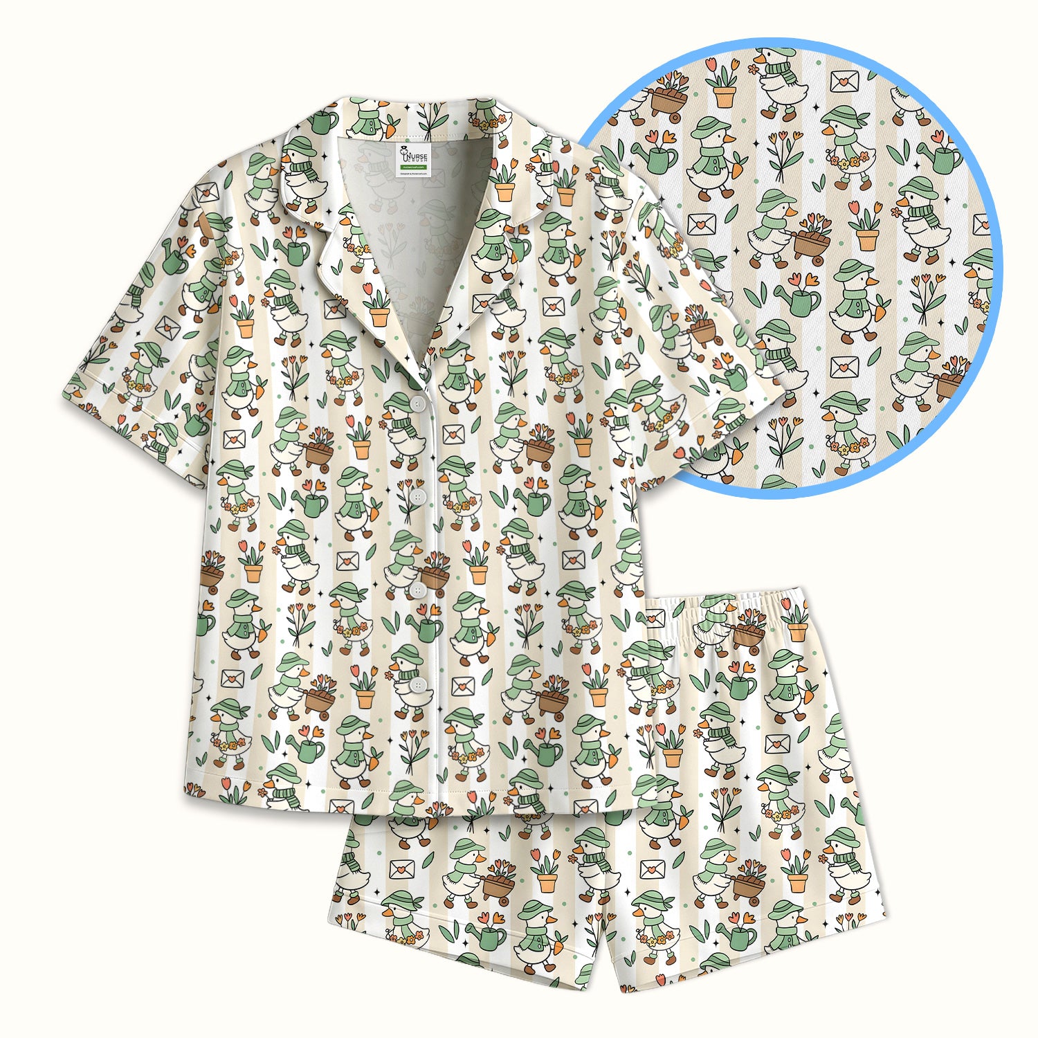 Cute Gardening Duck Floral Pattern Pajama Set, Soft Breathable Fabric Comfortable Sleepwear