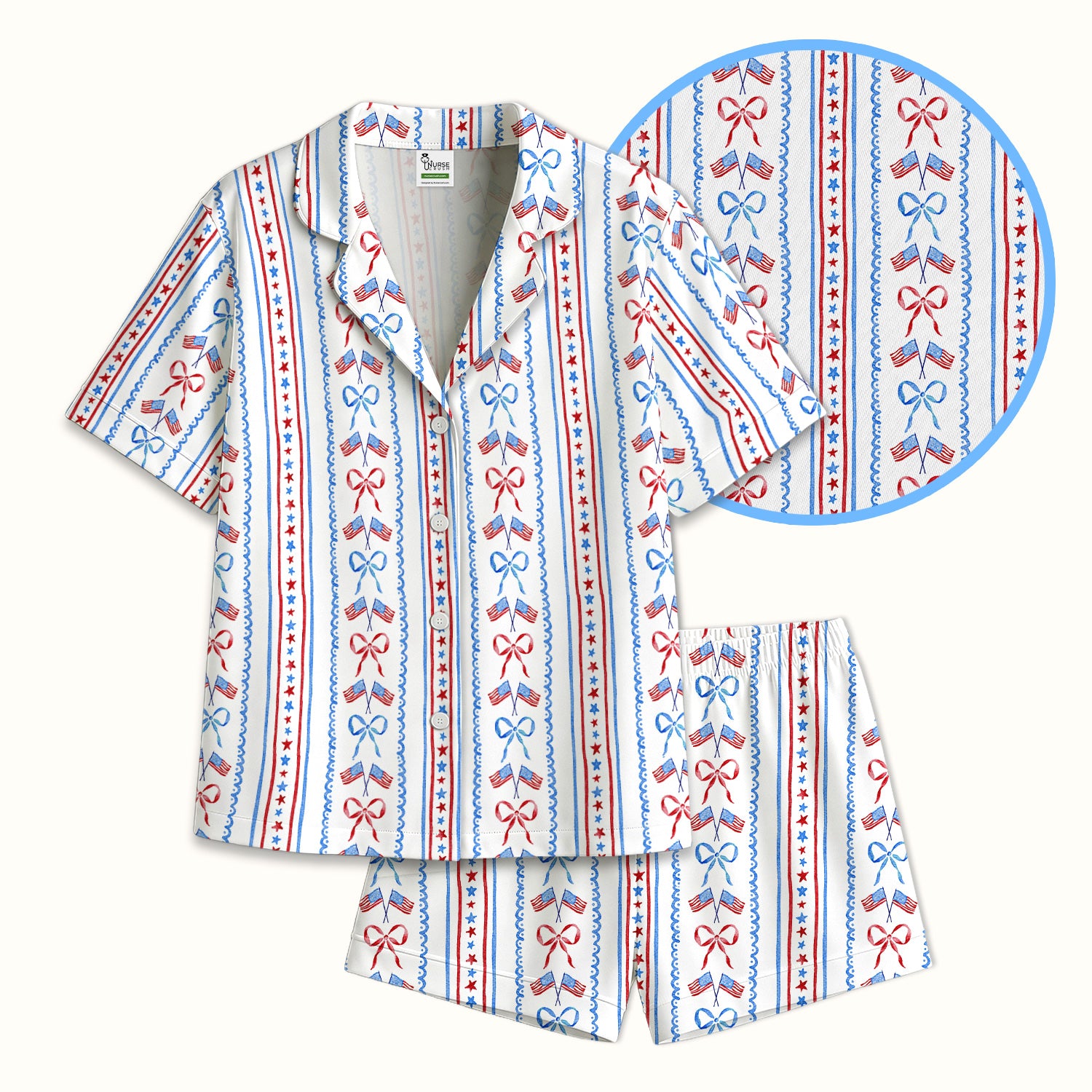 Patriotic USA Flag Bow Stripe Pattern Pajama Set, Soft Breathable Fabric Comfortable Sleepwear