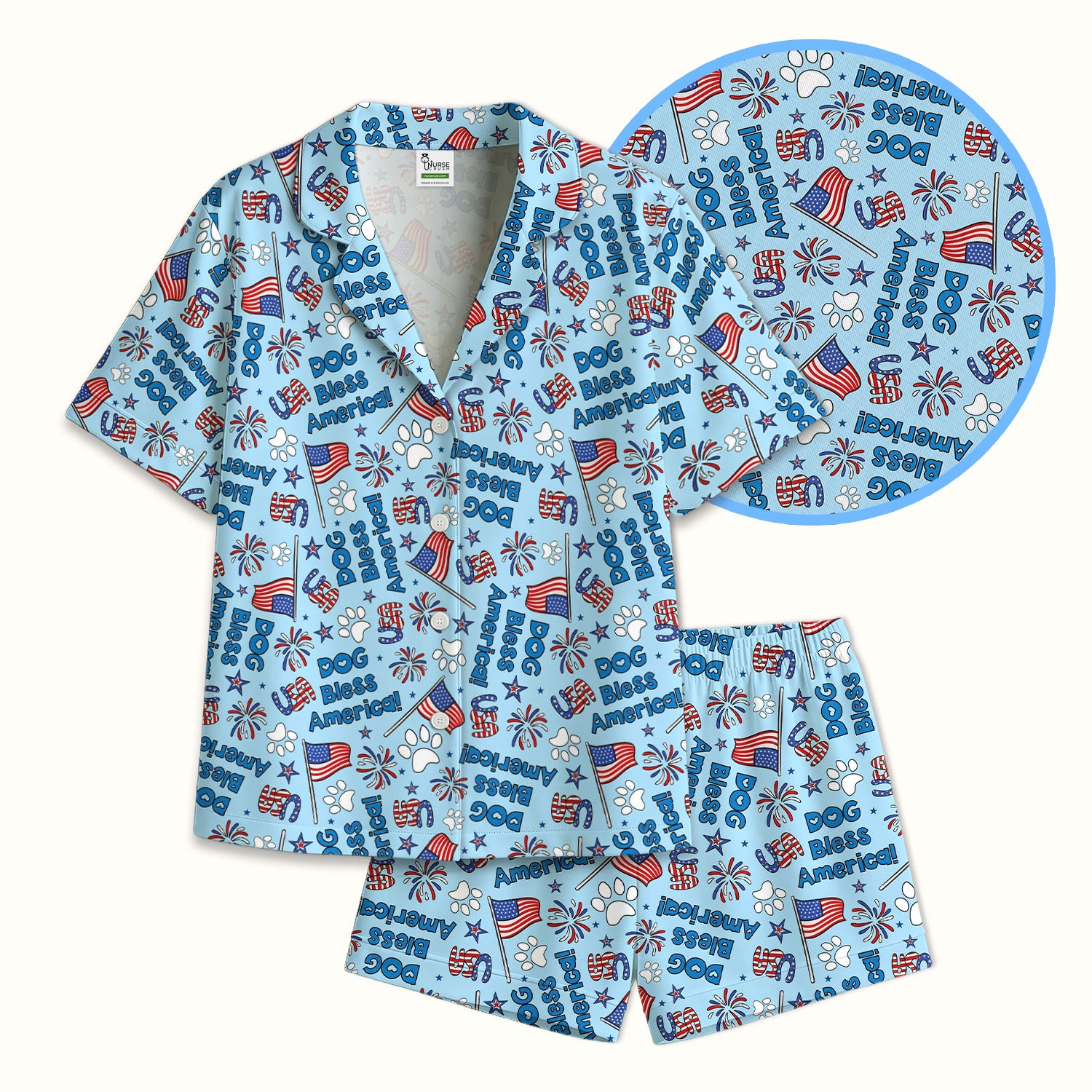 Funny Patriotic Dog Bless America Flag Pattern Pajama Set, Soft Breathable Fabric Comfortable Sleepwear