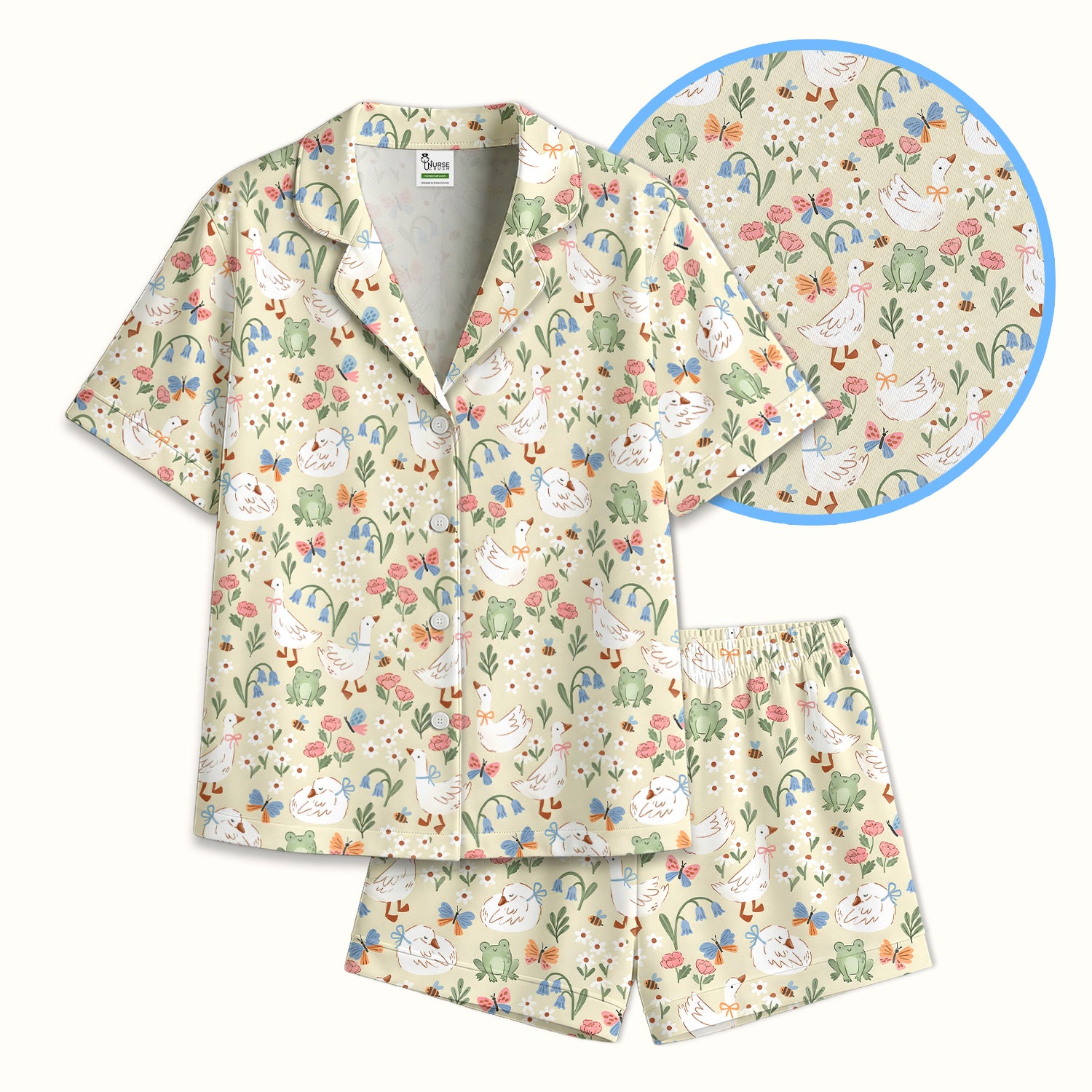 Cute Goose & Frog Garden Print Pajama Set, Soft Breathable Fabric Comfortable Sleepwear