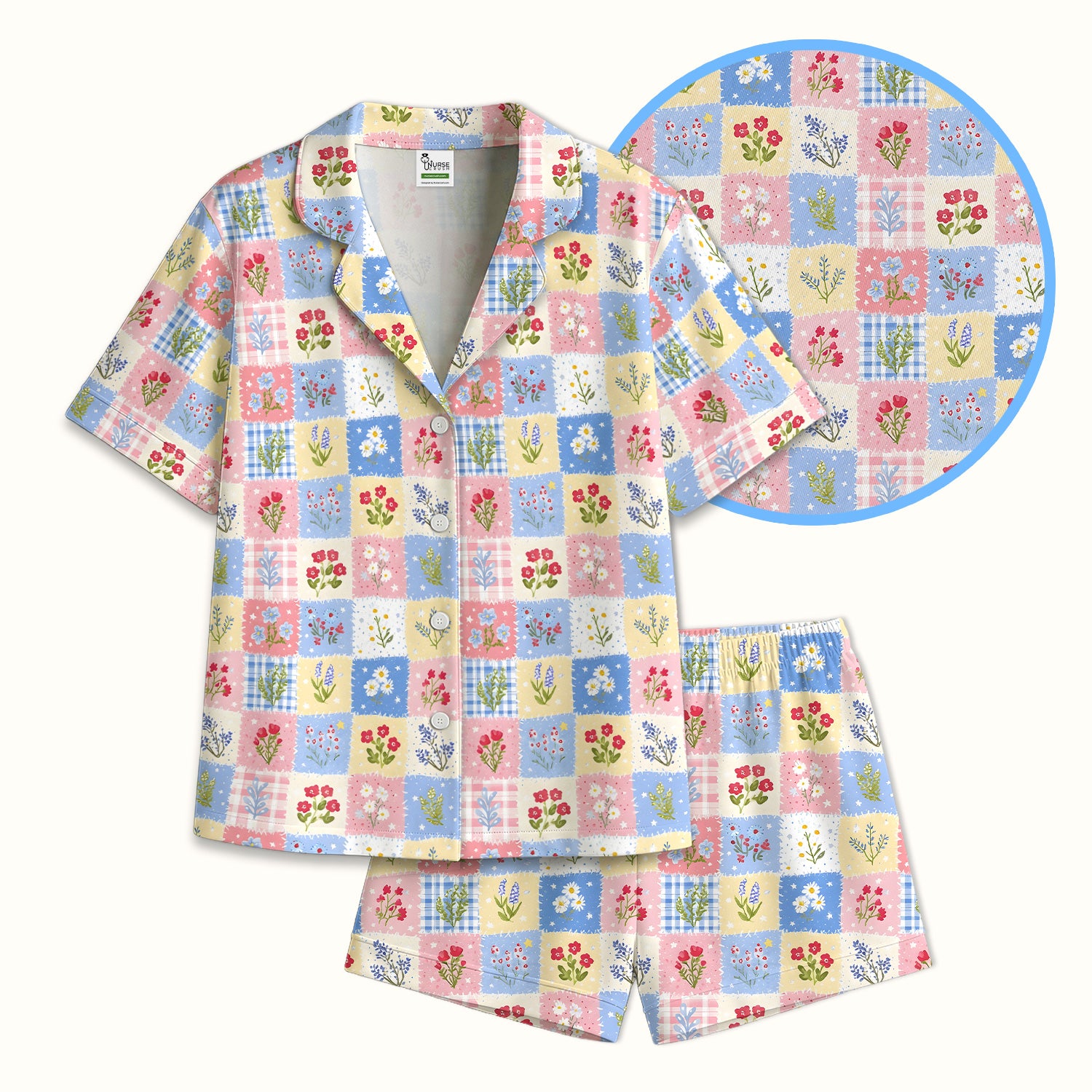 Pastel Patchwork Wildflower Garden Print Pajama Set, Soft Breathable Fabric Comfortable Sleepwear