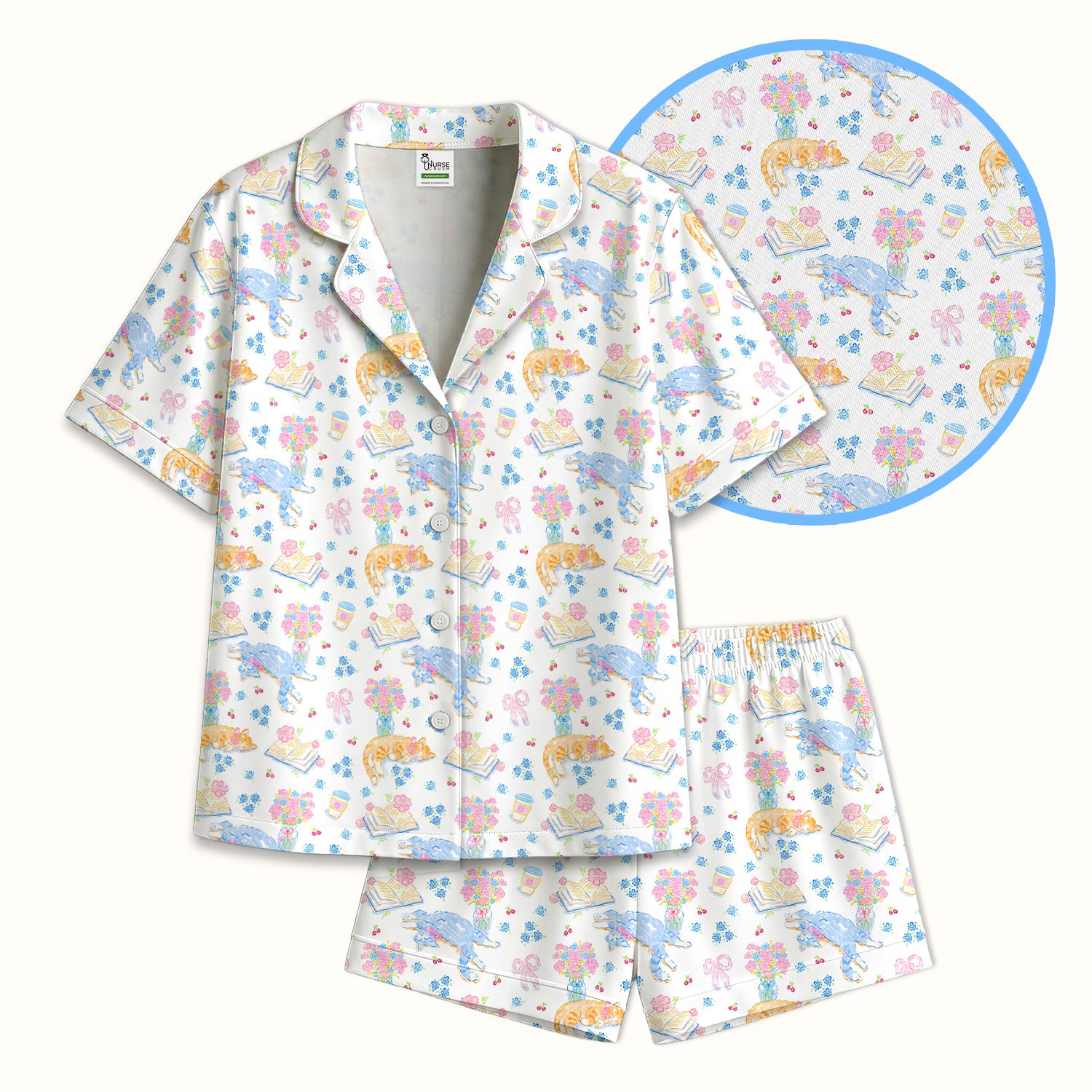 Cute Cats Reading Floral Books Pattern Pajama Set, Soft Breathable Fabric Comfortable Sleepwear