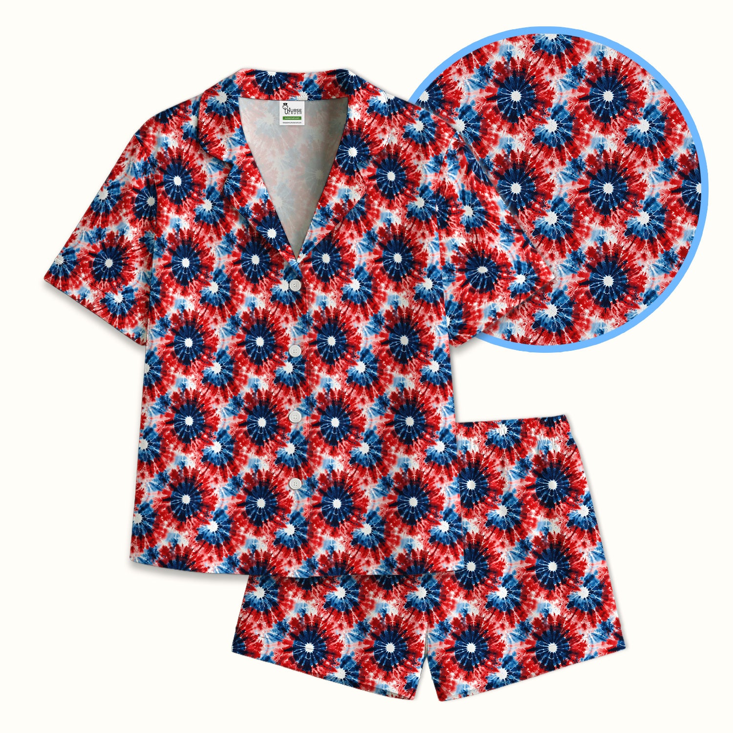 Festive Nurse Tie Dye Firework Burst Pattern Pajama Set, Breathable Fabrics Uniform