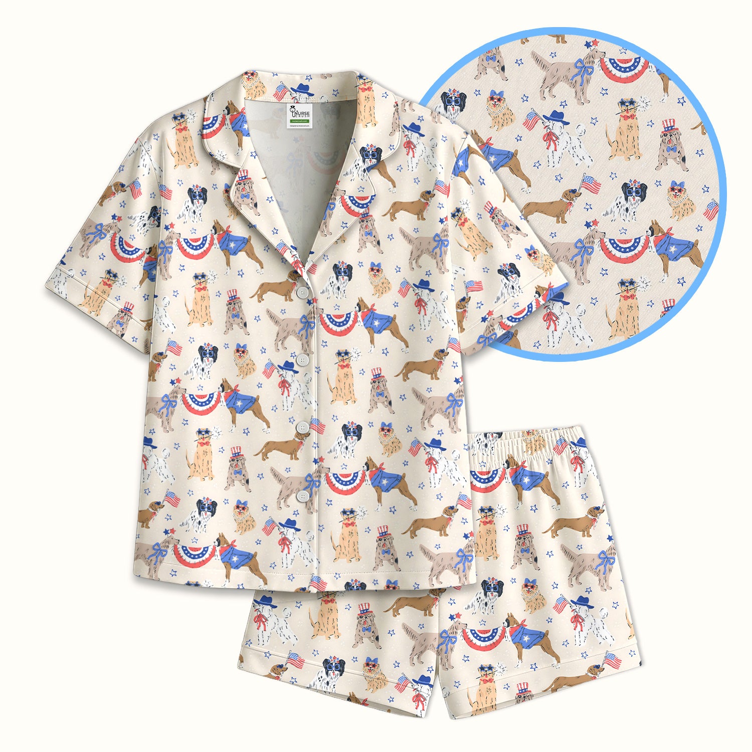 Patriotic Dog Parade Pattern Pajama Set, Soft Breathable Fabric Comfortable Sleepwear