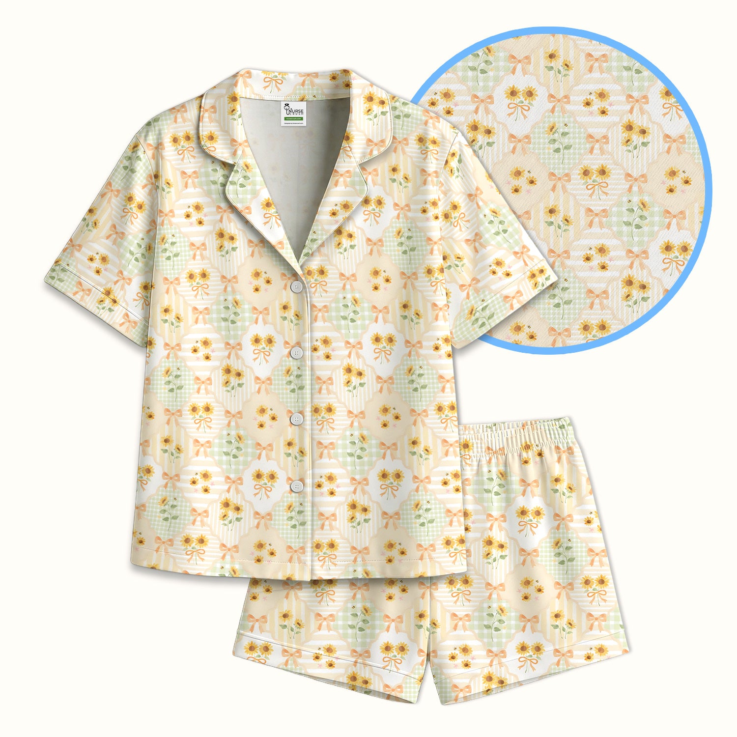 Cute Sunflower Ribbon Patchwork Pattern Pajama Set, Soft Breathable Fabric Comfortable Sleepwear