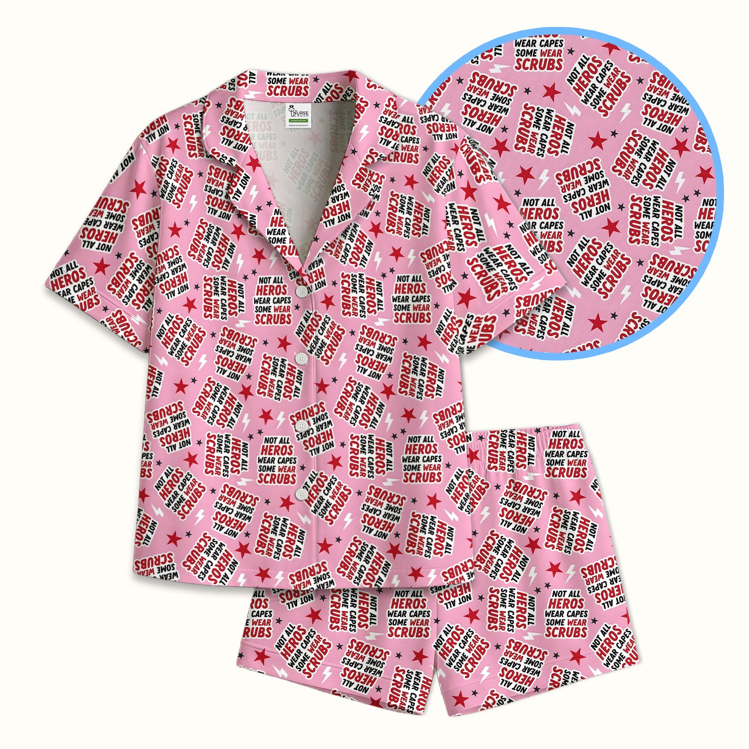 Not All Heroes Wear Scrubs Quote Stars Lightning Pattern Pajama Set, Breathable Fabrics Uniform
