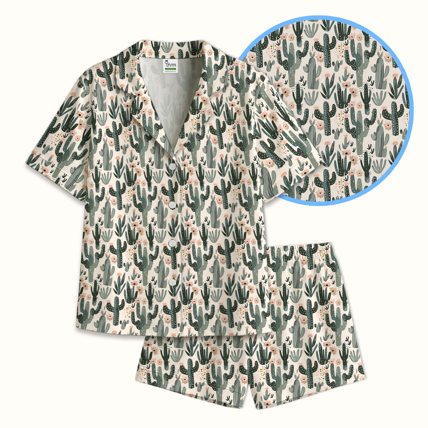 Green Cactus Desert Blossom Pattern Pajama Set, Soft Breathable Fabric Comfortable Sleepwear