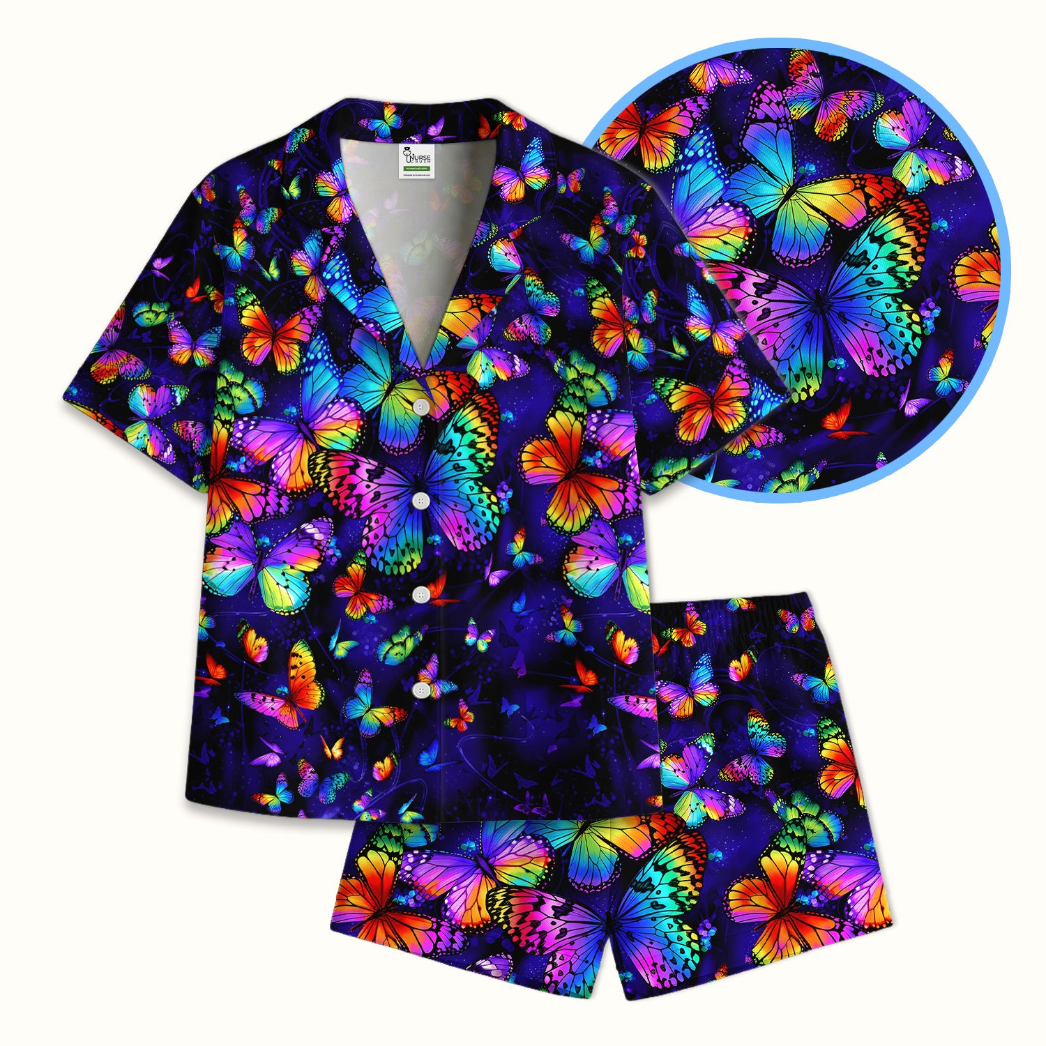Vibrant Rainbow Butterfly Galaxy Pattern Pajama Set, Soft Breathable Fabric Comfortable Sleepwear