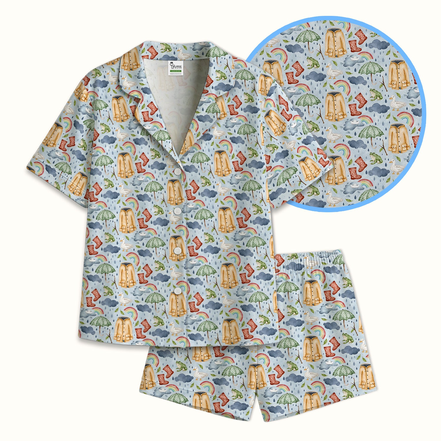 Cute Rainy Day Ducks & Frog Rainbow Pattern Pajama Set, Soft Breathable Fabric Comfortable Sleepwear