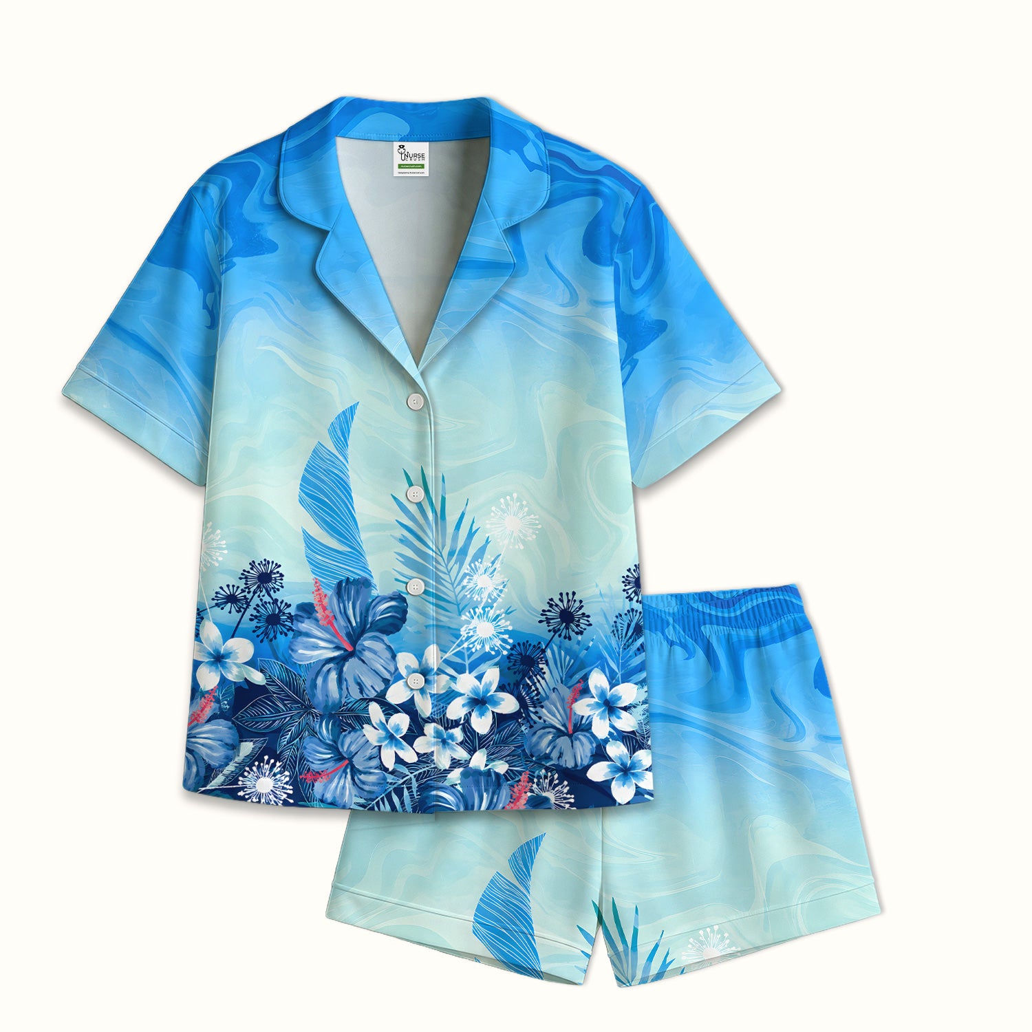 Elegant Blue Tropical Floral Pattern Pajama Set, Soft Breathable Fabric Comfortable Sleepwear