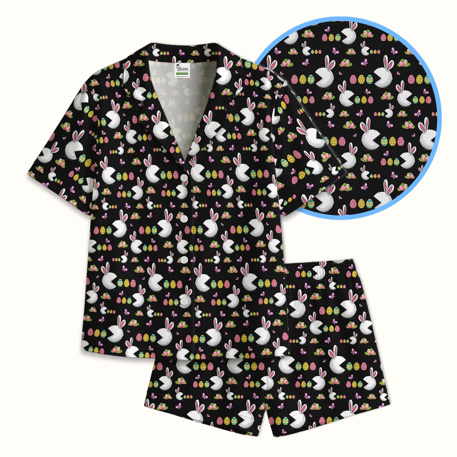 Easter Bunny and Colorful Eggs Print  Pajama Set, Breathable Fabrics Uniform