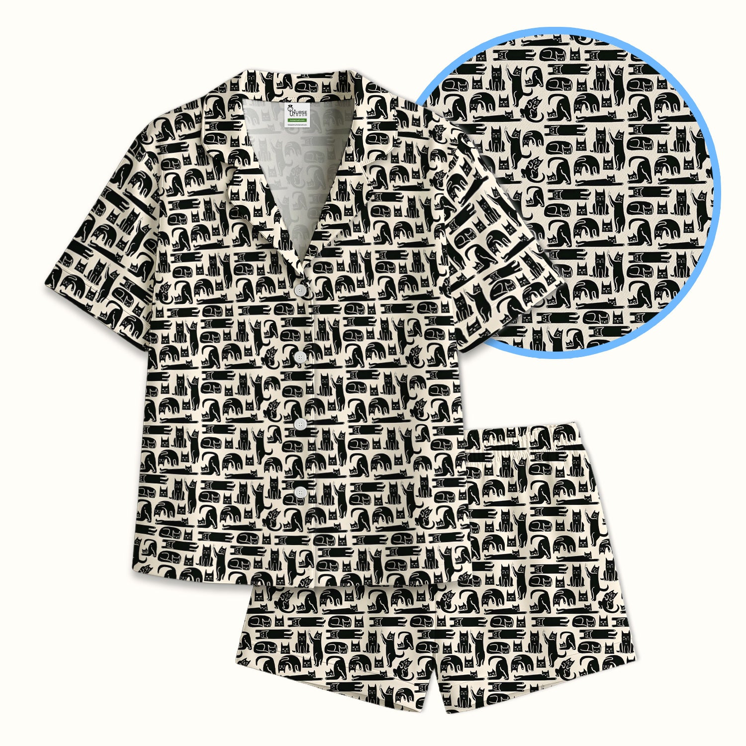 Cute Funny Cat Poses Print Pajama Set, Breathable Fabrics Uniform