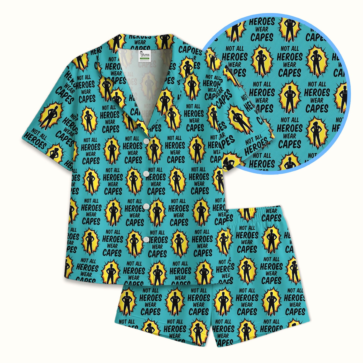 Not All Heroes Wear Capes Nurse Pattern Pajama Set, Breathable Fabrics Uniform
