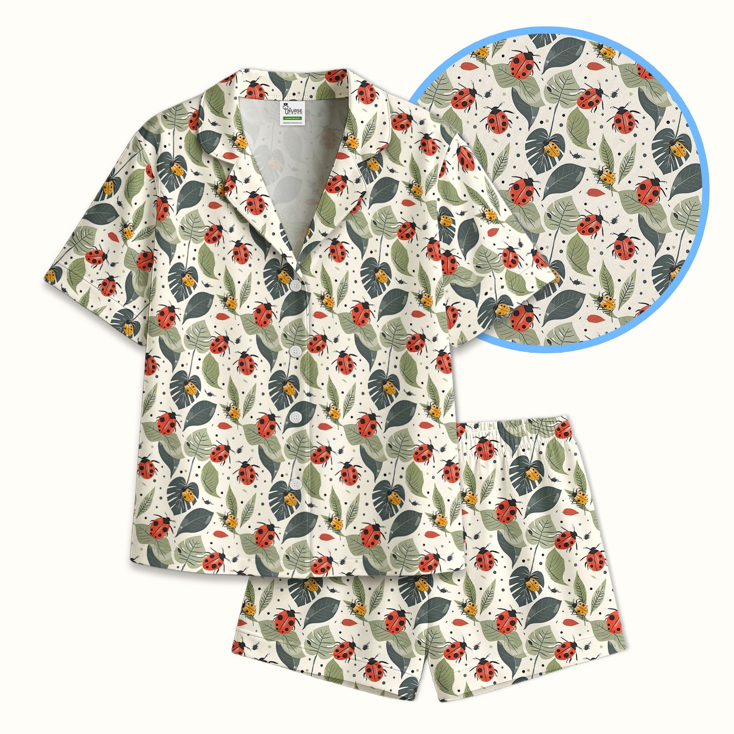 Cute Ladybug Leaf Nature Pattern Pajama Set, Soft Breathable Fabric Comfortable Sleepwear