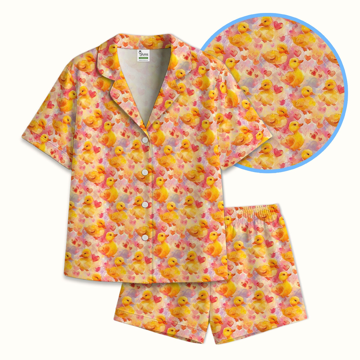 Cute Duck Heart Watercolor Pattern Pajama Set, Soft Breathable Fabric Comfortable Sleepwear