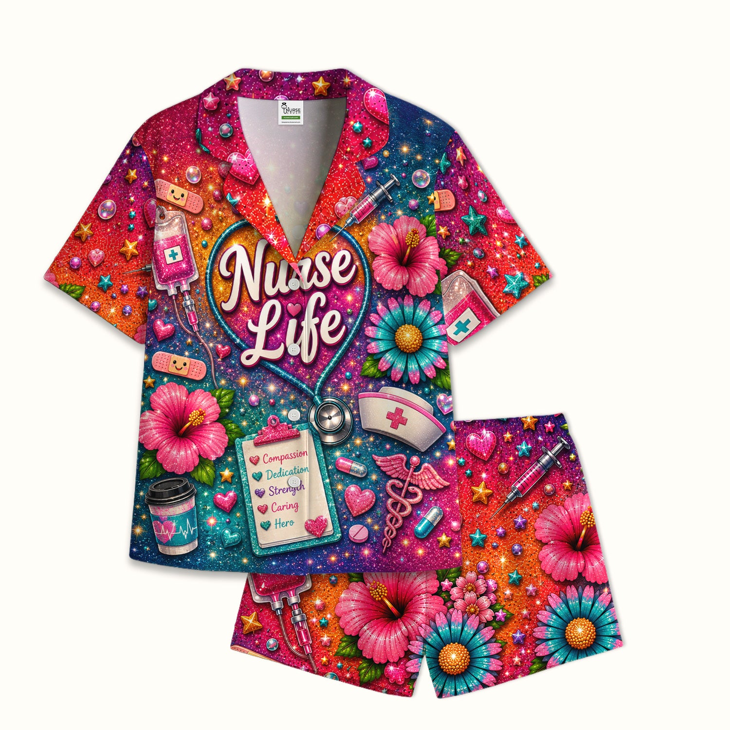 Colorful Nurse Life Heart Pattern Pajama Set, Soft Breathable Fabric Comfortable Sleepwear