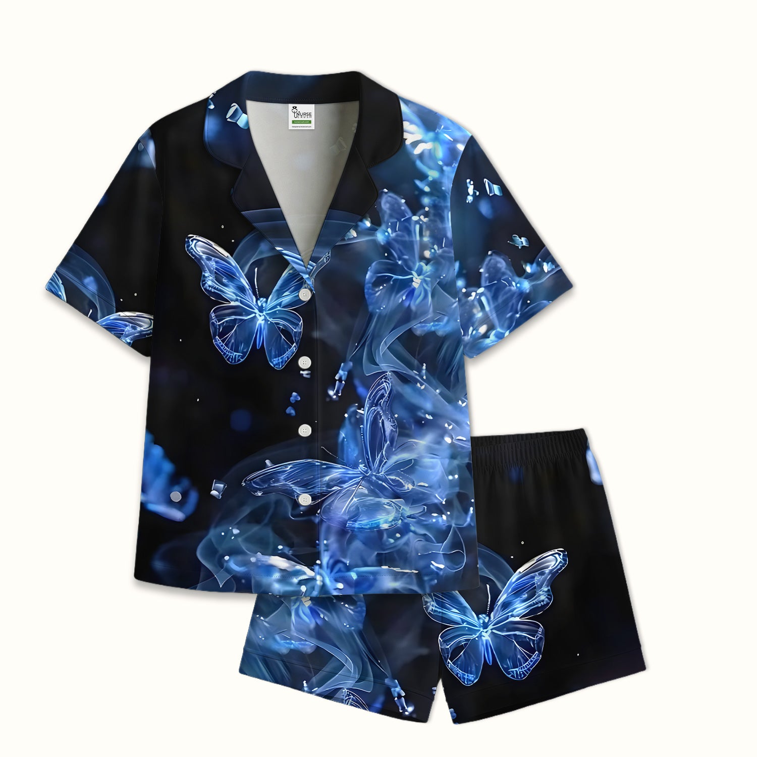 Glowing Blue Butterfly Garden Pattern Pajama Set, Soft Breathable Fabric Comfortable Sleepwear