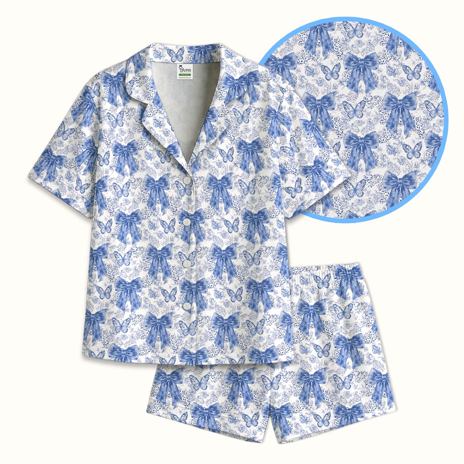 Blue Bow And Butterfly Vintage Floral Pajama Set, Breathable Fabrics Uniform
