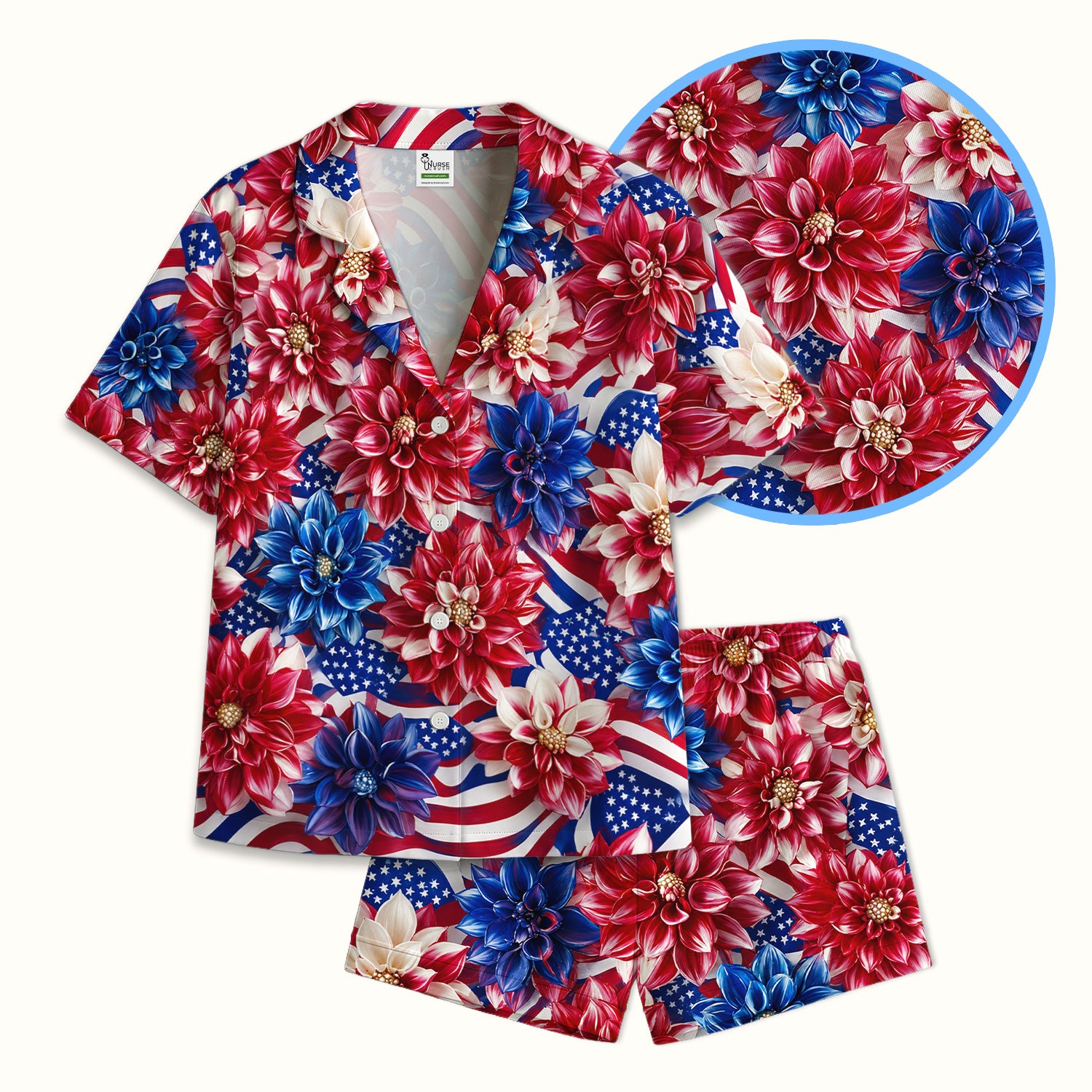 Festive Patriotic Floral Flag Pattern Pajama Set, Soft Breathable Fabric Comfortable Sleepwear