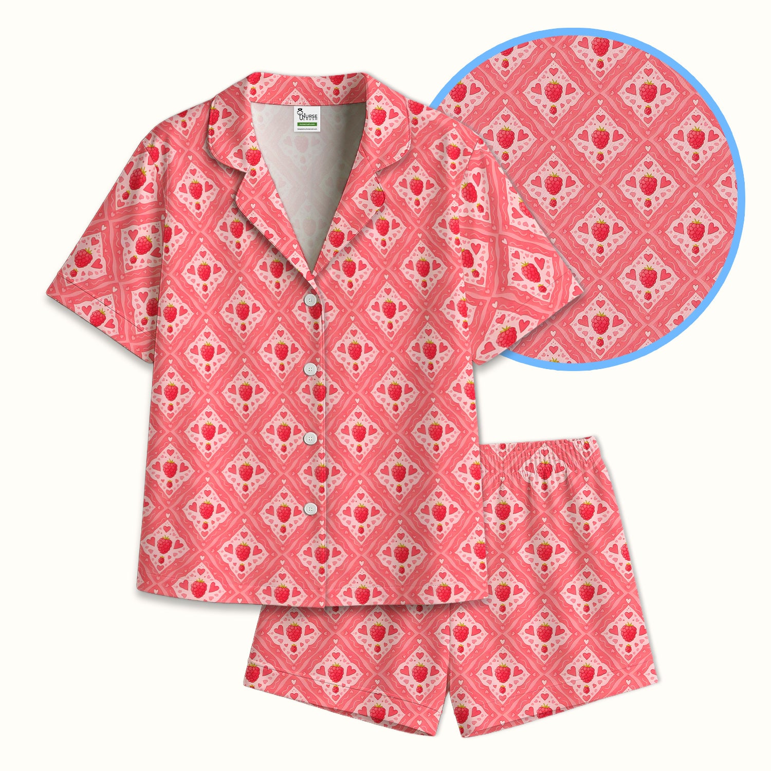 Cute Raspberry Heart Diamond Pattern Pajama Set, Soft Breathable Fabric Comfortable Sleepwear
